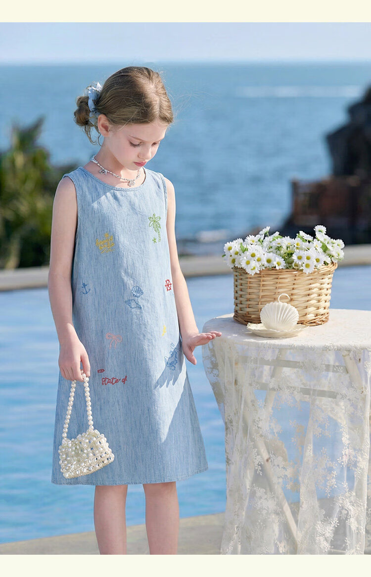 CHANZUIGOU Girls' Tencel Linen Denim Dress 2026 Summer New Elegant Printed Sleeveless Dress 21